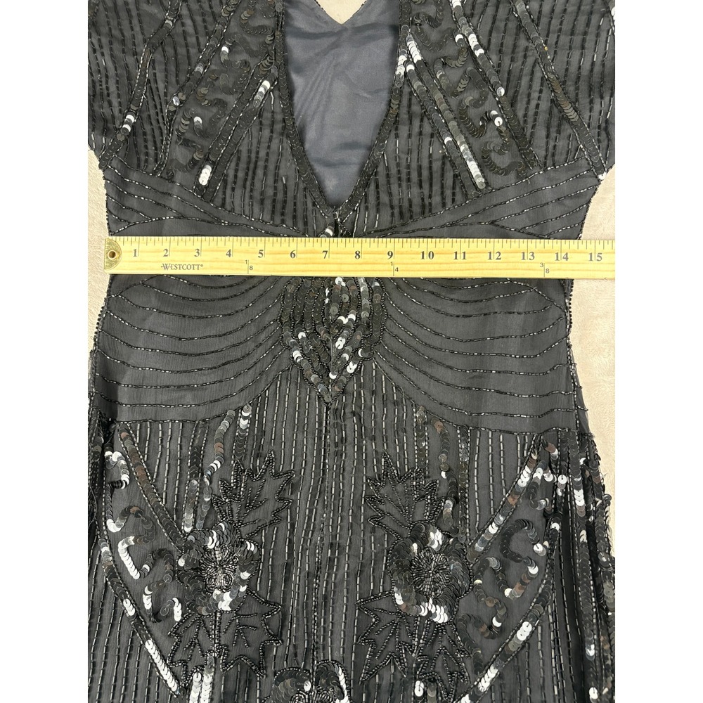 Vintage Carina Black Pure Silk Beaded Sequin Art Deco Flapper Mini Dress Medium - Picture 8 of 9